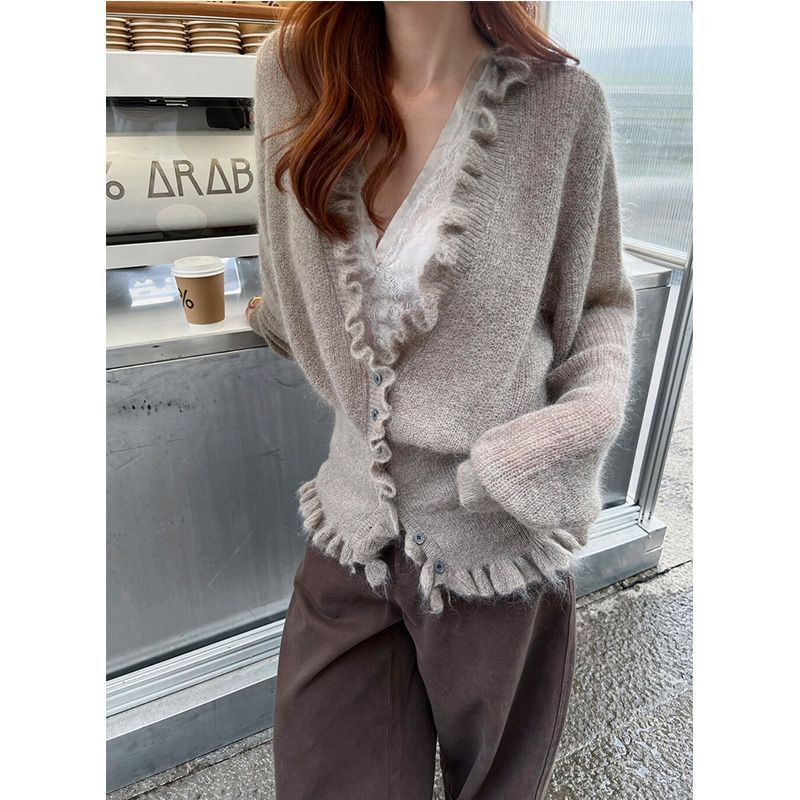 Crop Cardigan Vintage - Korean Style V-neck Ruffled Sweet Long-sleeved