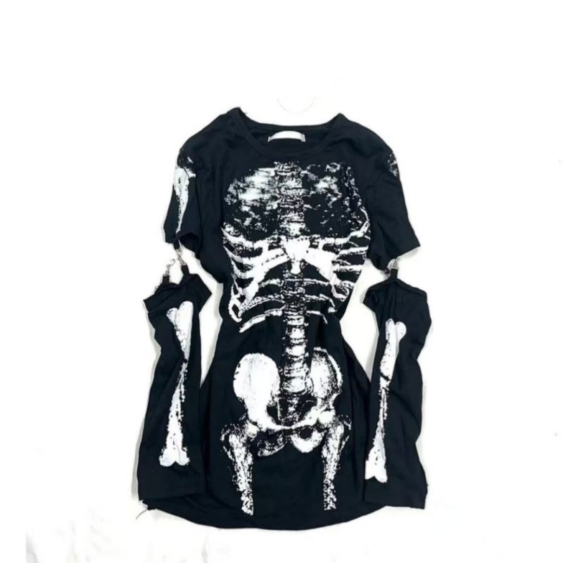 Vintage Fashion Subculture - Gothic Skeleton Graphic T-Shirt with Detachable