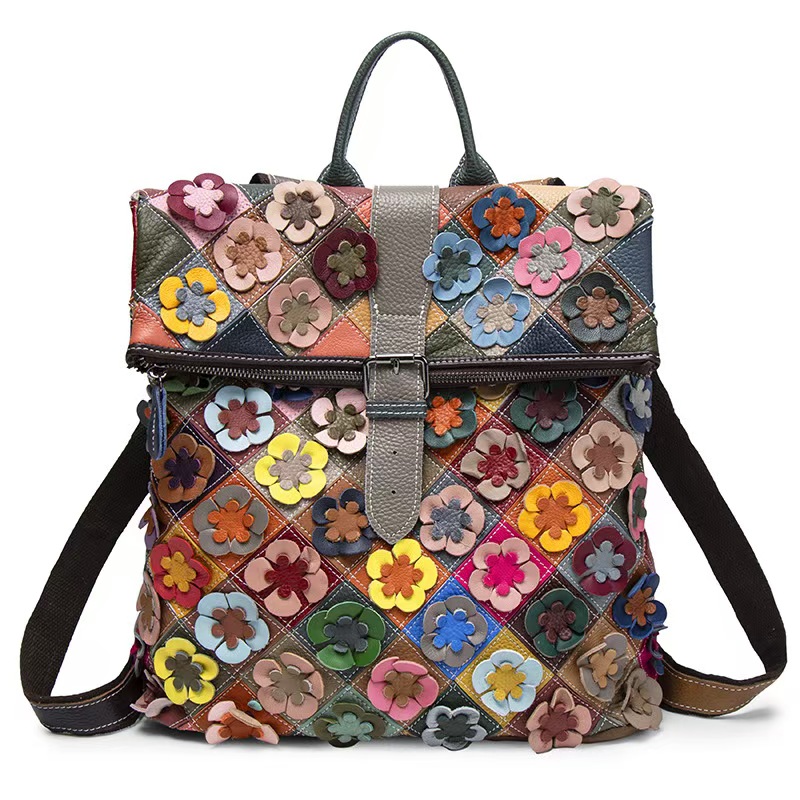 Vintage Fashion Ladies - Vintage Women Genuine Leather Backpack Flower