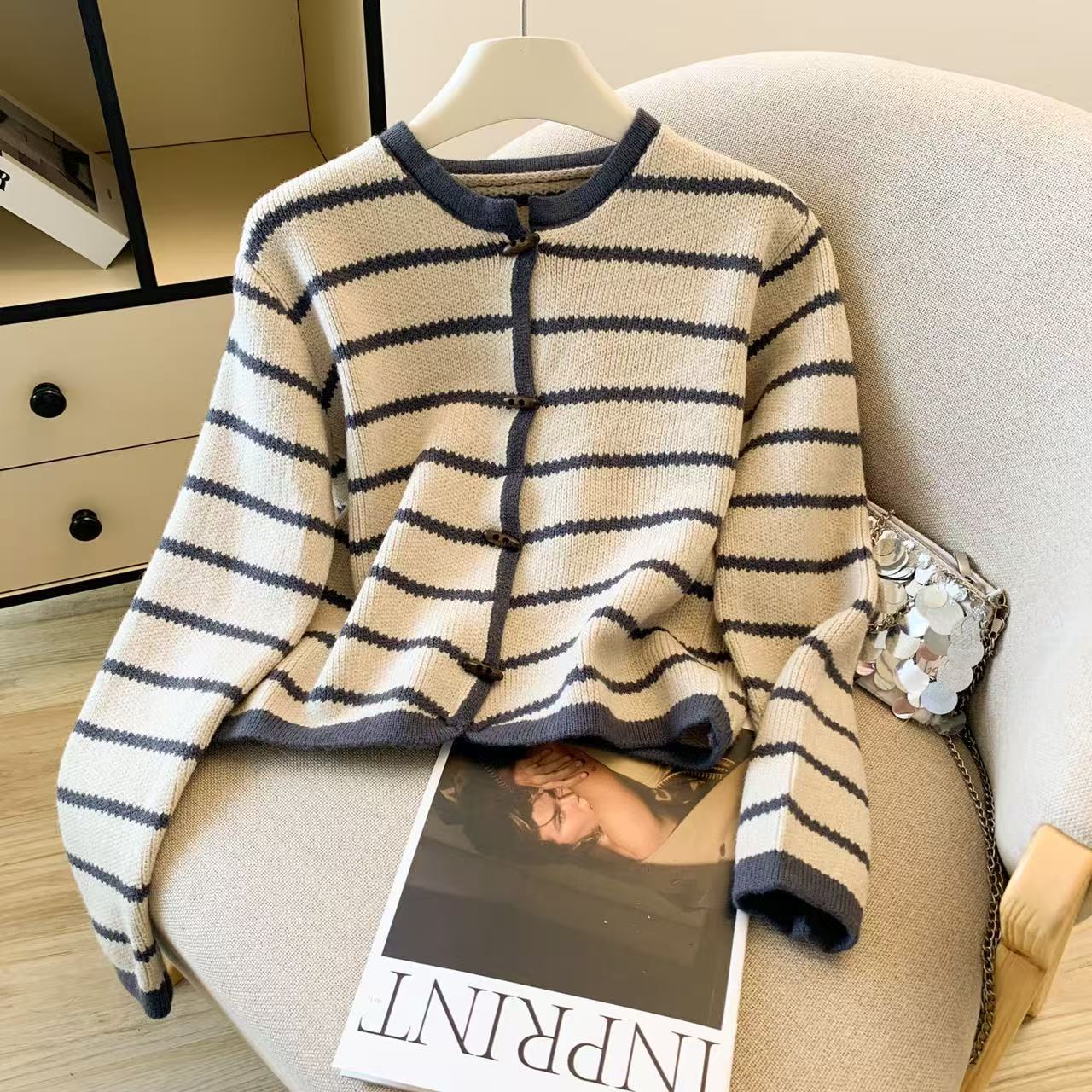 Crop Cardigan Vintage - Women's Striped O-Neck Cardigan Sweater Vintage