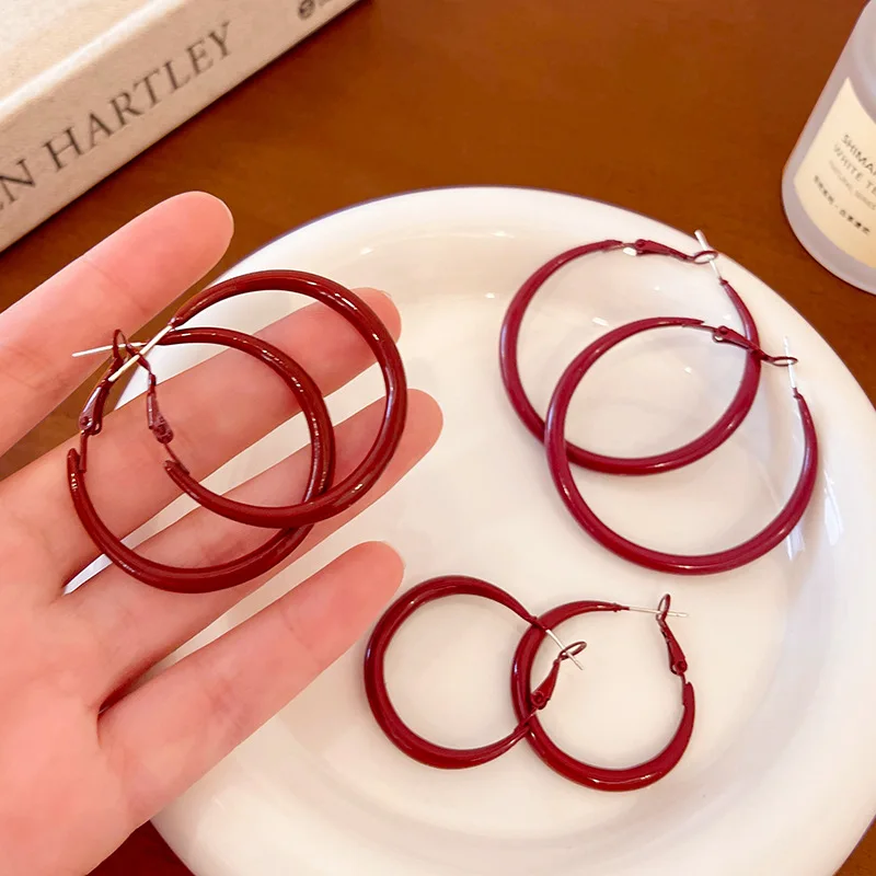Vintage Fashion Korea - Charm Trendy Wine Red Color Geometric
