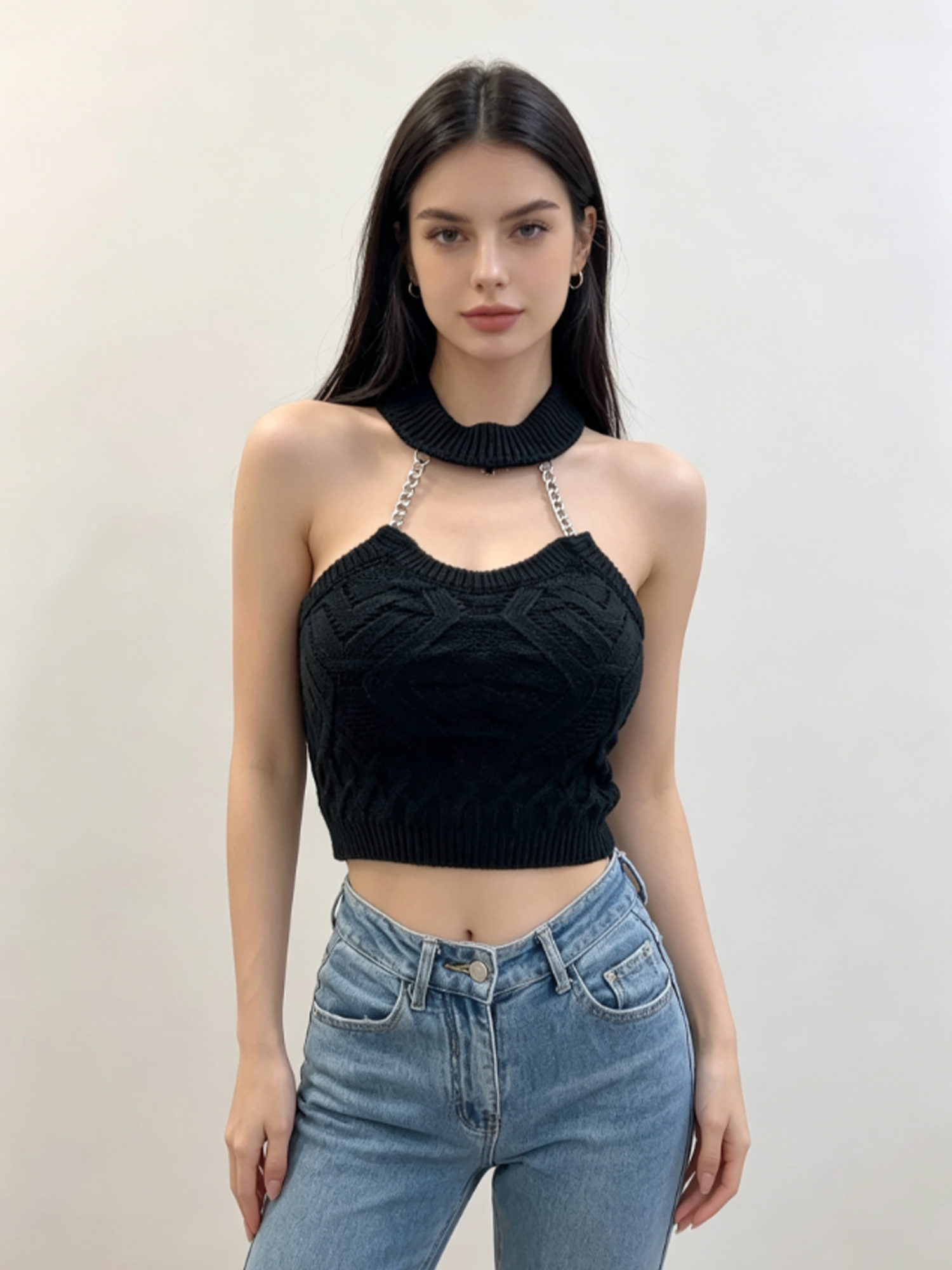 Crop Cardigan Vintage - Women Black Halter Cropped Cami Top