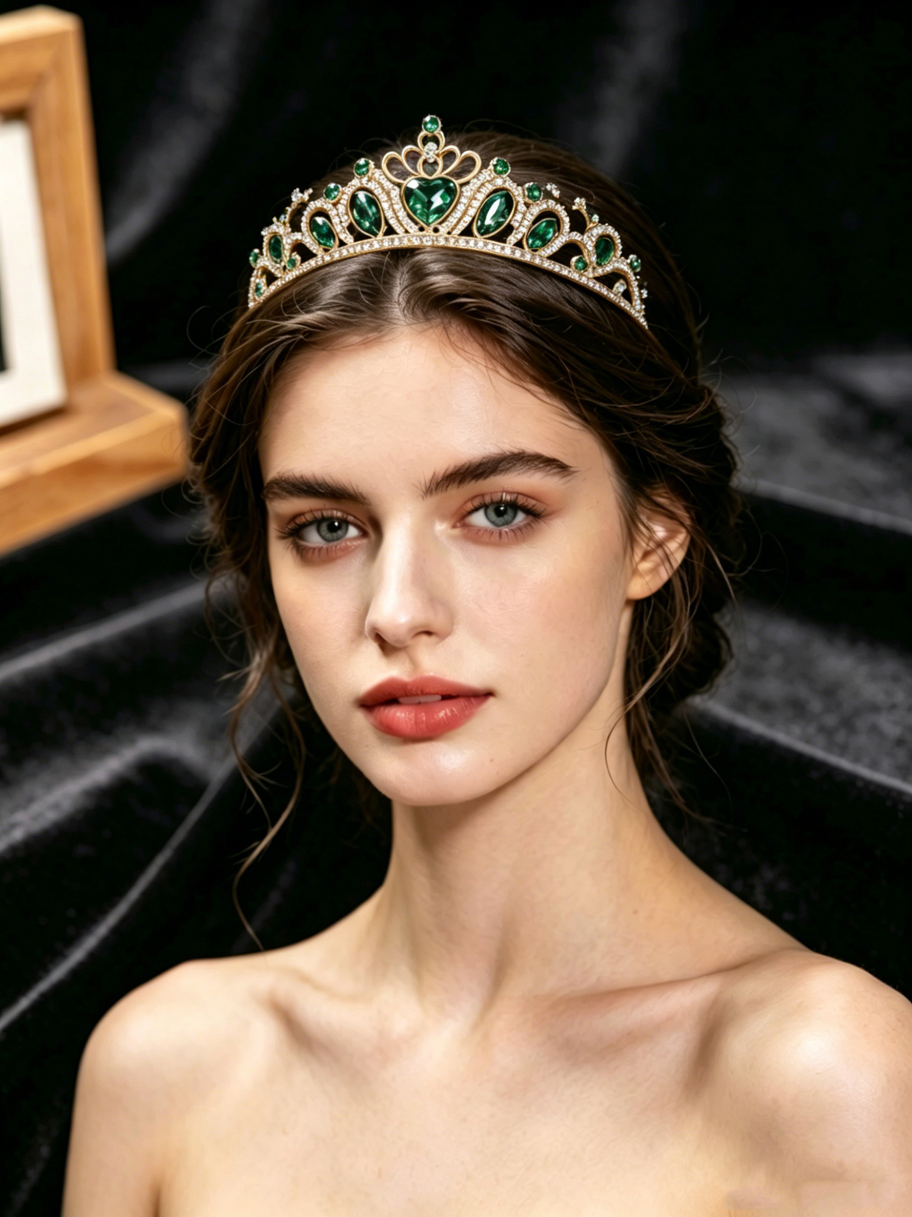 Vintage Fashion Dress - Retro Heart-Shaped Emerald Green Rhinestone Crown