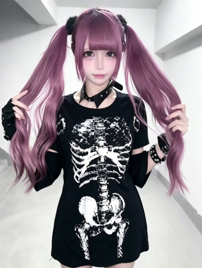 Vintage Fashion Subculture - Japanese Gothic Skeleton Graphic T-Shirt with