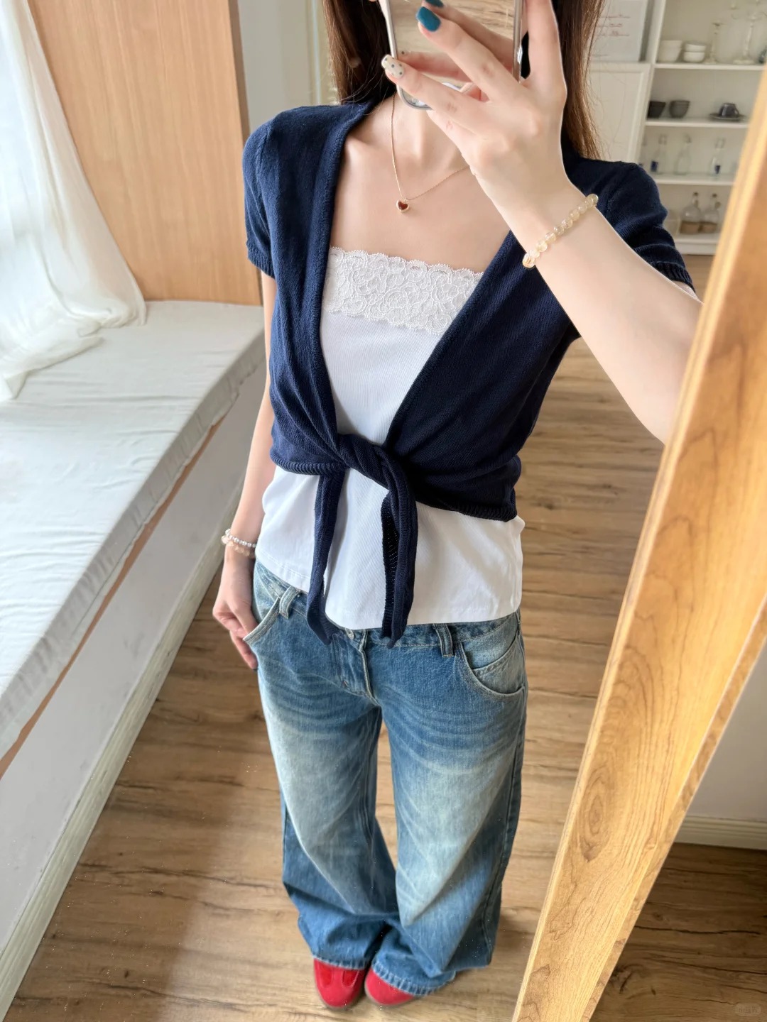 Crop Cardigan Vintage - Navy Lace-up Cardigan Women Cotton Slim