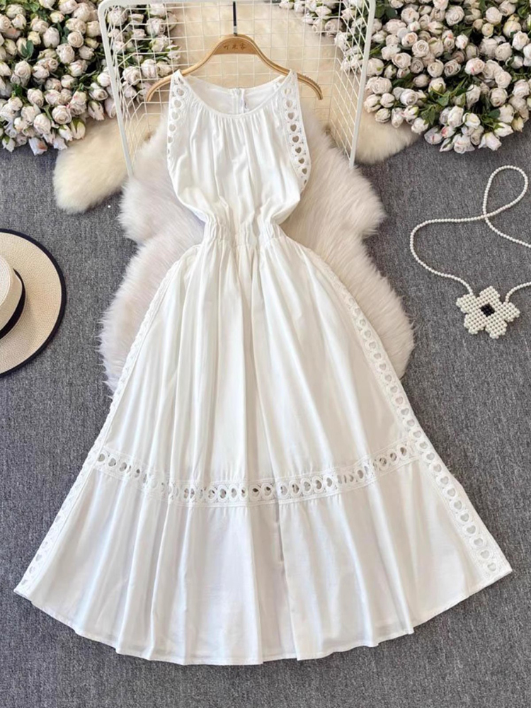 Vintage Fashion Korea - Elegant Hollow Out Women White Dress