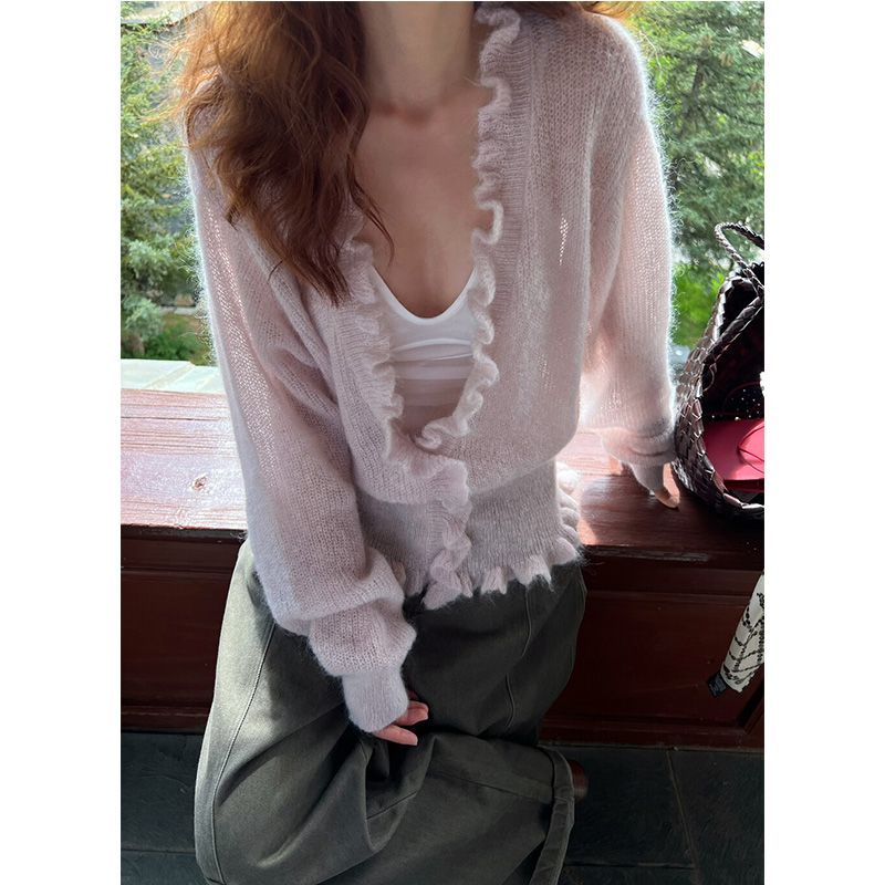 Korean Style V-neck Ruffled Sw - Crop Cardigan Vintage 评论和价格