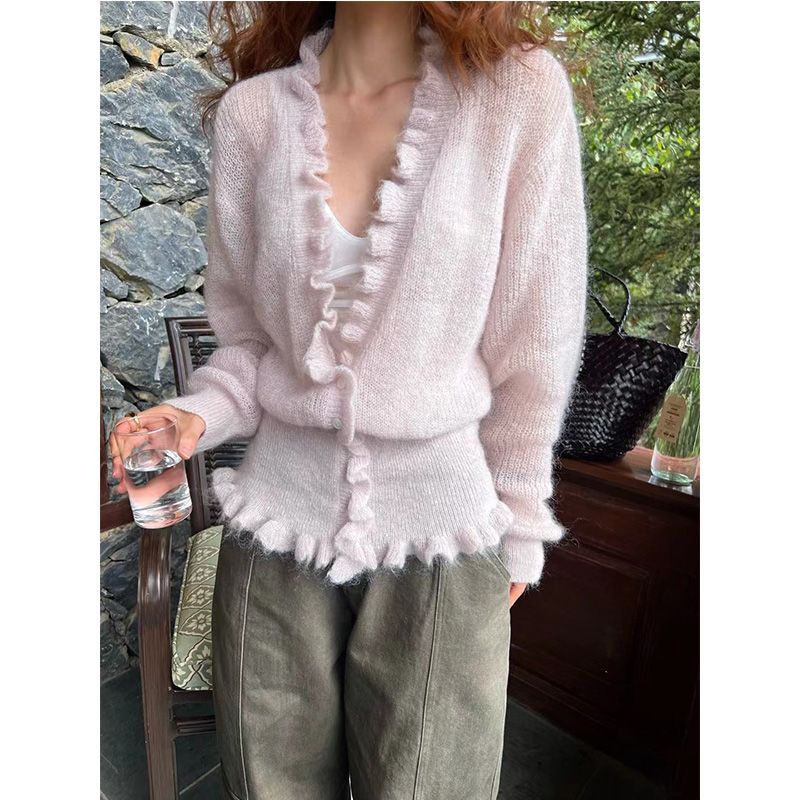 Korean Style V-neck Ruffled Sw - Crop Cardigan Vintage 评论和价格