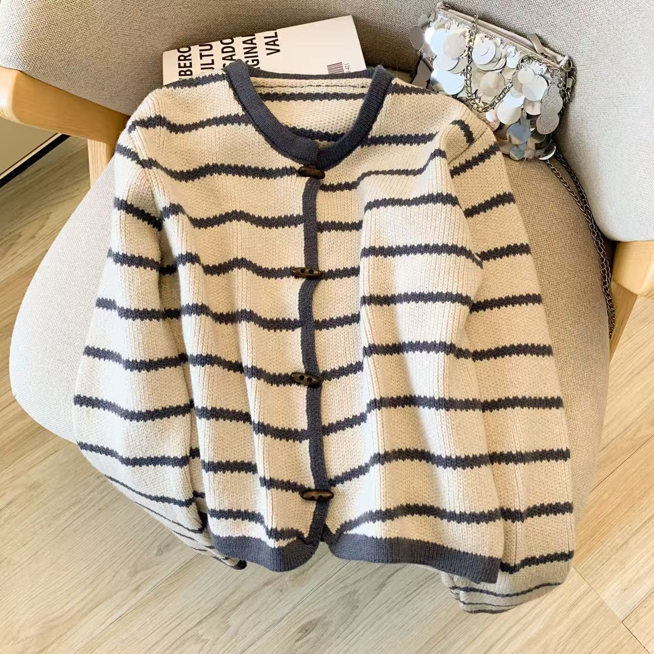 Women's Striped O-Neck Cardiga - Crop Cardigan Vintage 评论和价格