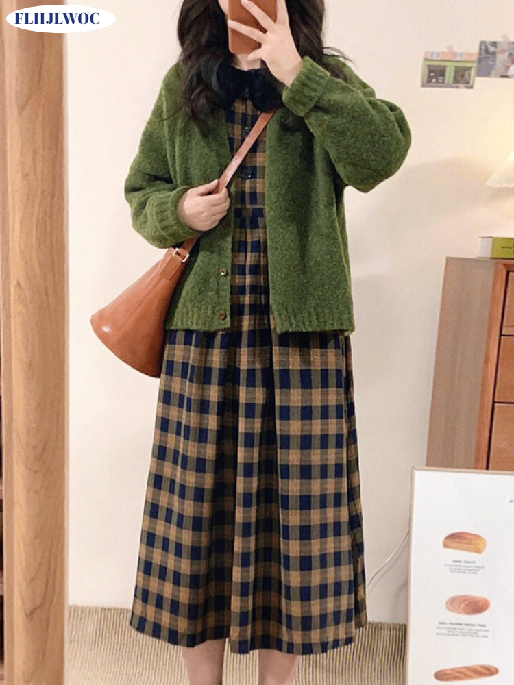 Coffee Plaid Dresses 2023 Basi - Vintage Fashion Korea 评论和价格
