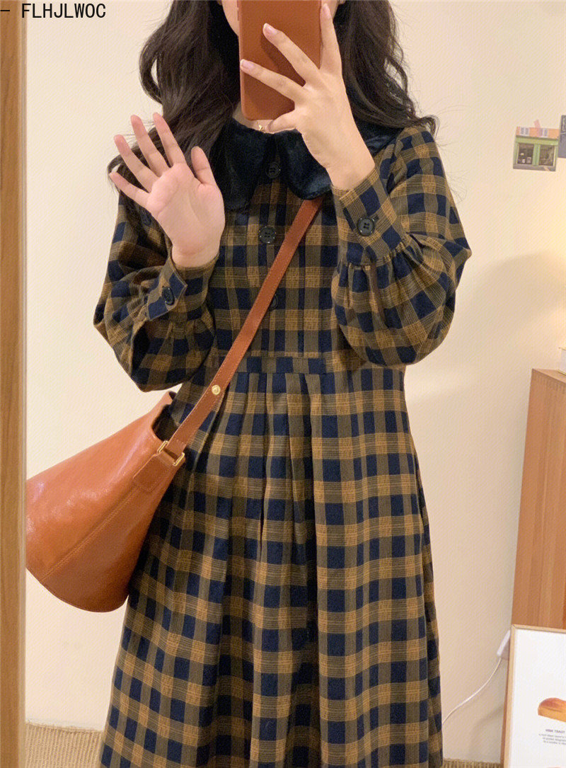 Coffee Plaid Dresses 2023 Basi - Vintage Fashion Korea 评论和价格