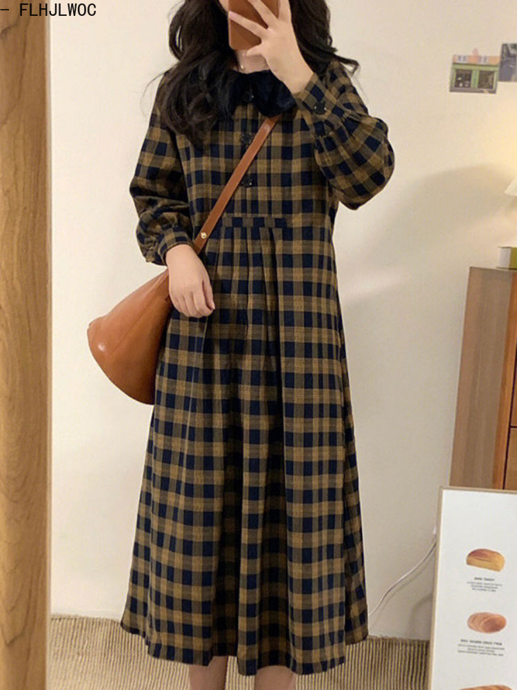 Coffee Plaid Dresses 2023 Basi - Vintage Fashion Korea 评论和价格