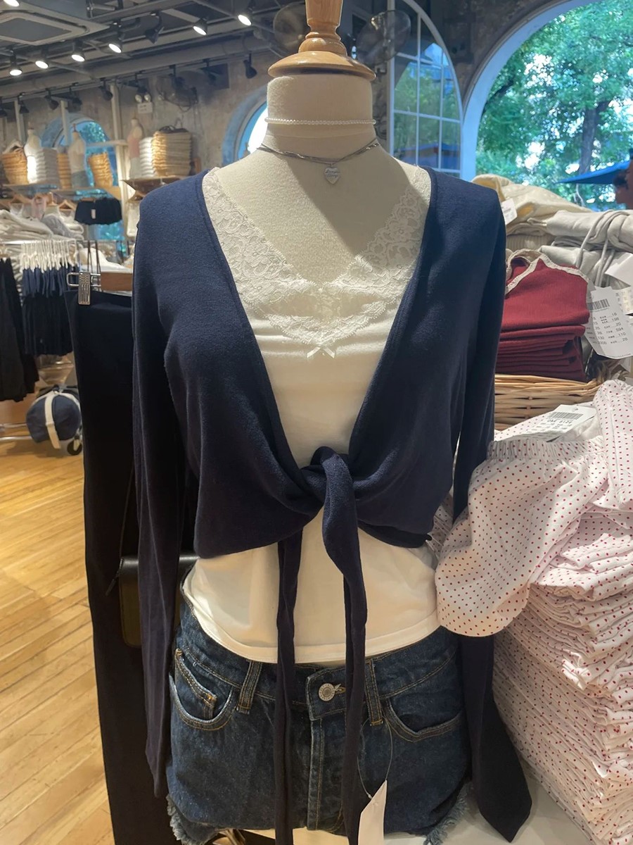 New Navy Lace-up Knitted Long  - Crop Cardigan Vintage 评论和价格