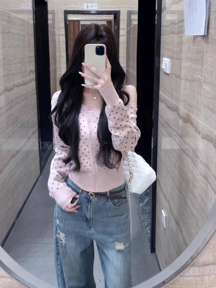 Y2k Aesthetic Skew Collar Polk - Crop Cardigan Vintage 评论和价格