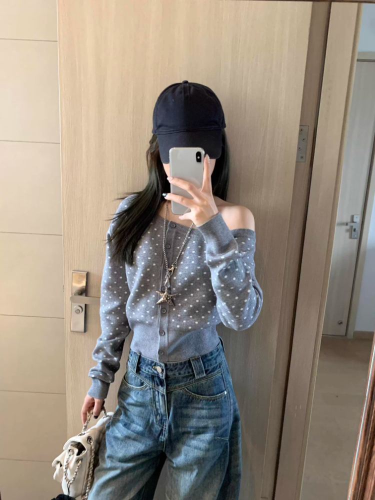 Y2k Aesthetic Skew Collar Polk - Crop Cardigan Vintage 评论和价格