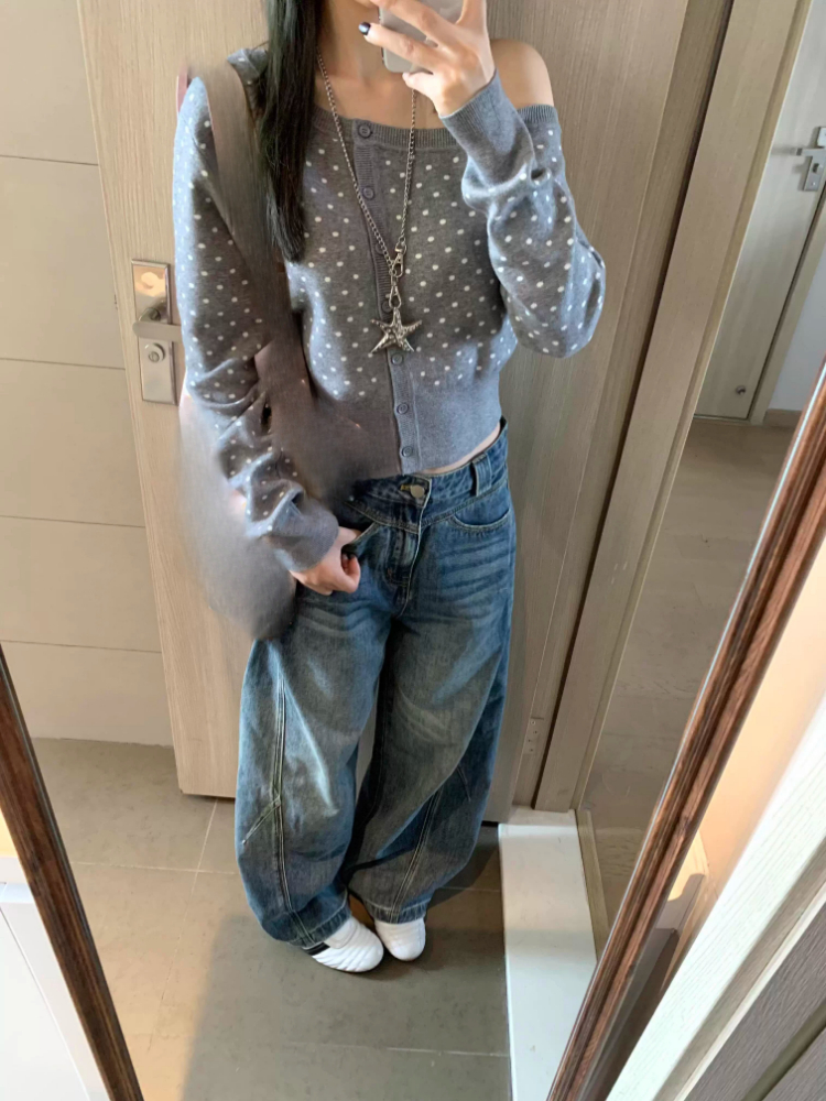 Y2k Aesthetic Skew Collar Polk - Crop Cardigan Vintage 评论和价格