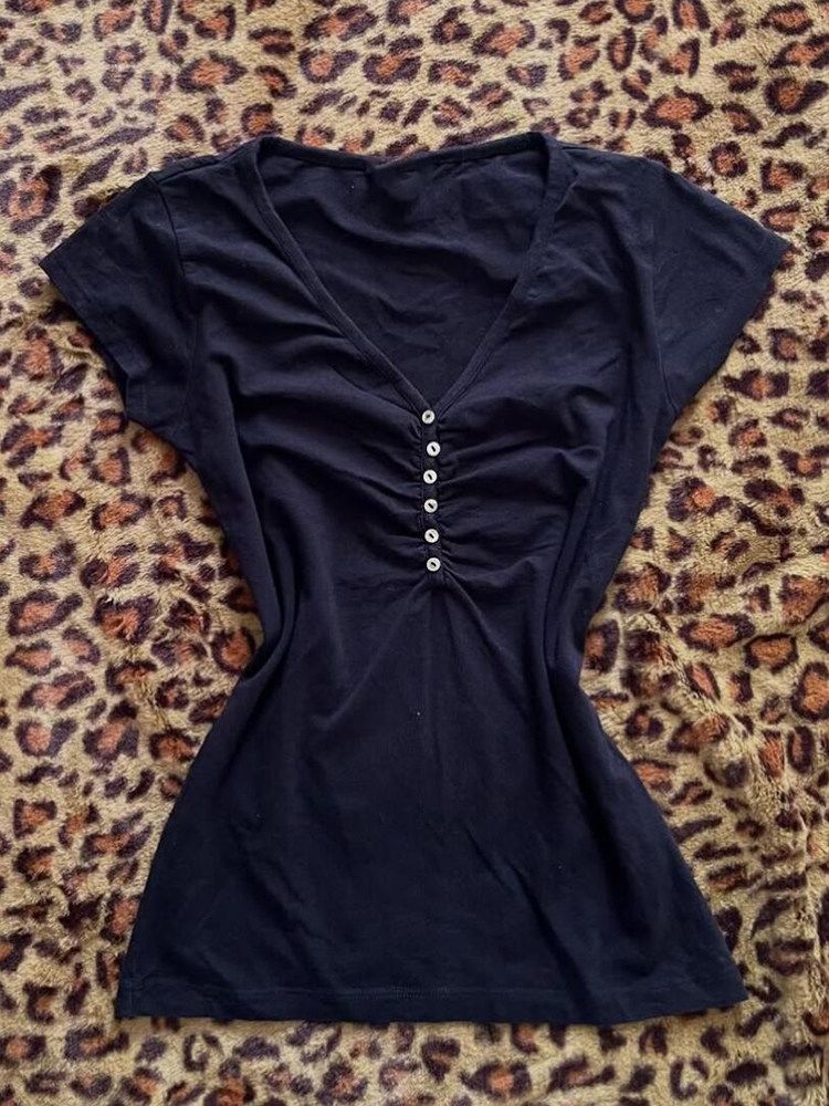 Korea Vintage Dark Blue T Shir - Vintage Fashion Korea 评论和价格