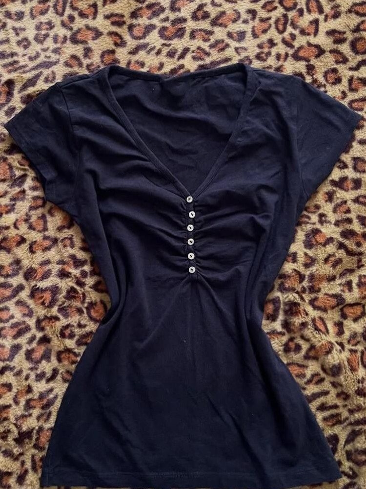 Korea Vintage Dark Blue T Shir - Vintage Fashion Korea 评论和价格