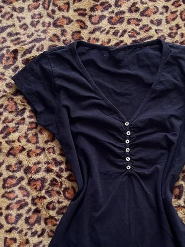 Korea Vintage Dark Blue T Shir - Vintage Fashion Korea 评论和价格