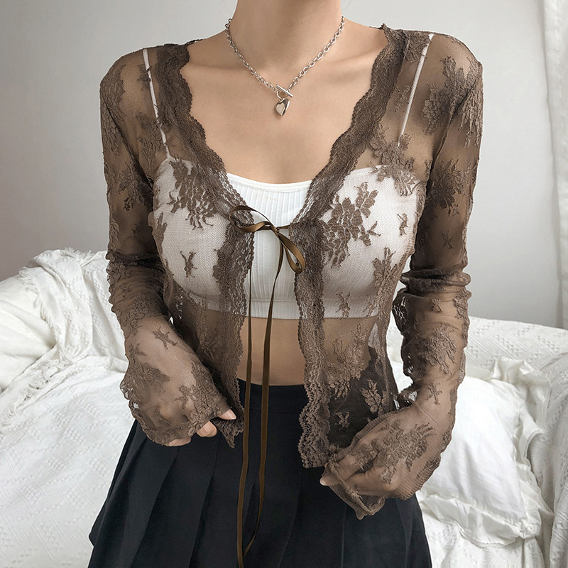 Women See Through Lace Mesh Sh - Crop Cardigan Vintage 评论和价格