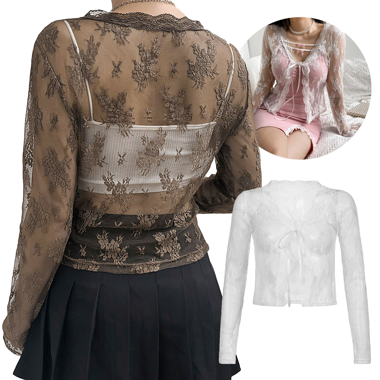 Women See Through Lace Mesh Sh - Crop Cardigan Vintage 评论和价格